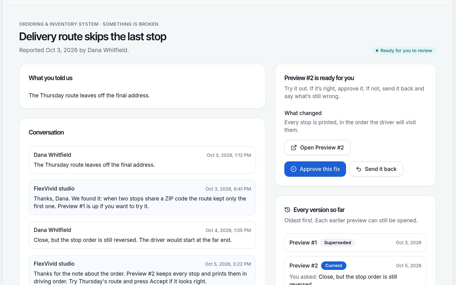 A reported problem in the client portal: the conversation with the team on the left, and on the right the second preview of the fix, ready to try, approve or send back.
