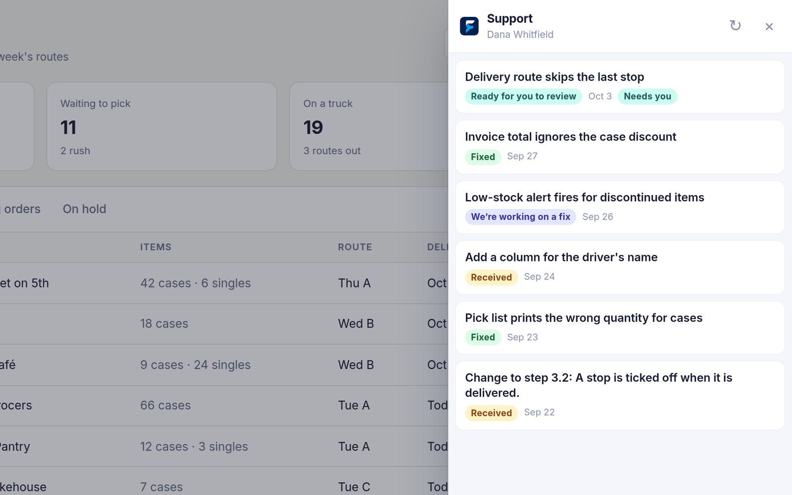 A business's own ordering app with the support panel open on the right, listing each problem the staff reported and where its fix has got to.